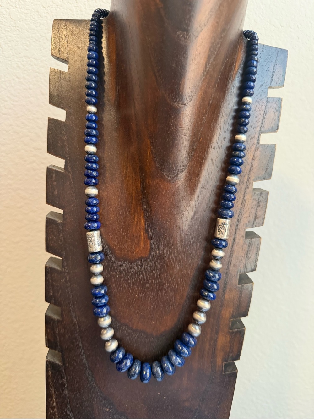 Navajo sterling silver lapis bead necklace 26 inch
